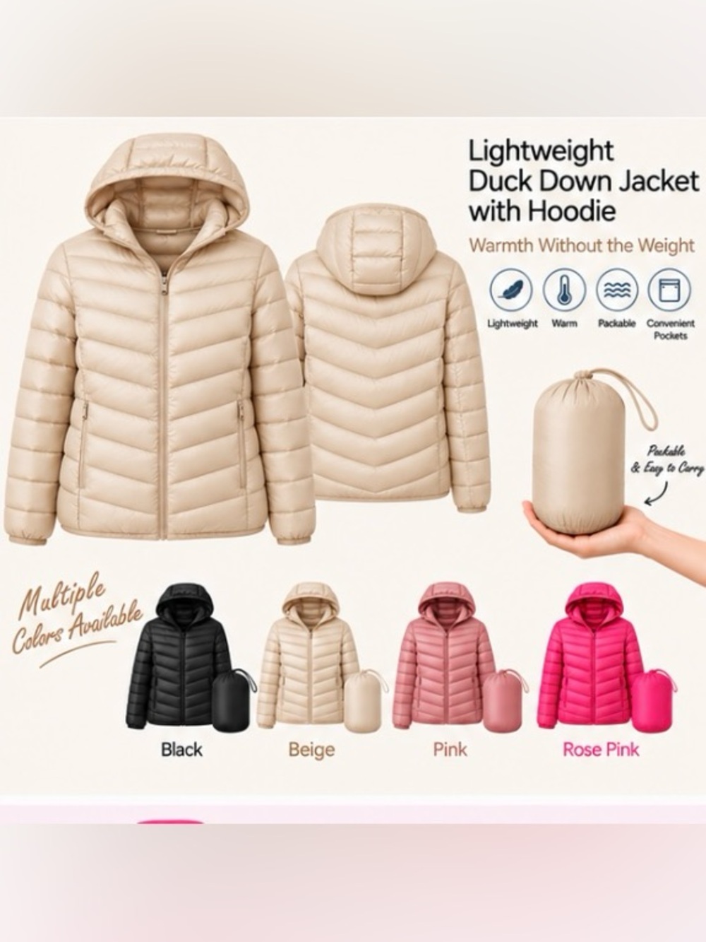 Packable Lightweight Beige Duck Down Puffer Jacket with Hoodie 3xL